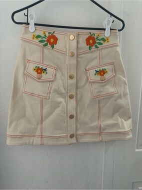 Alice McCall Cream Mini Skirt with Orange Floral Embroidery